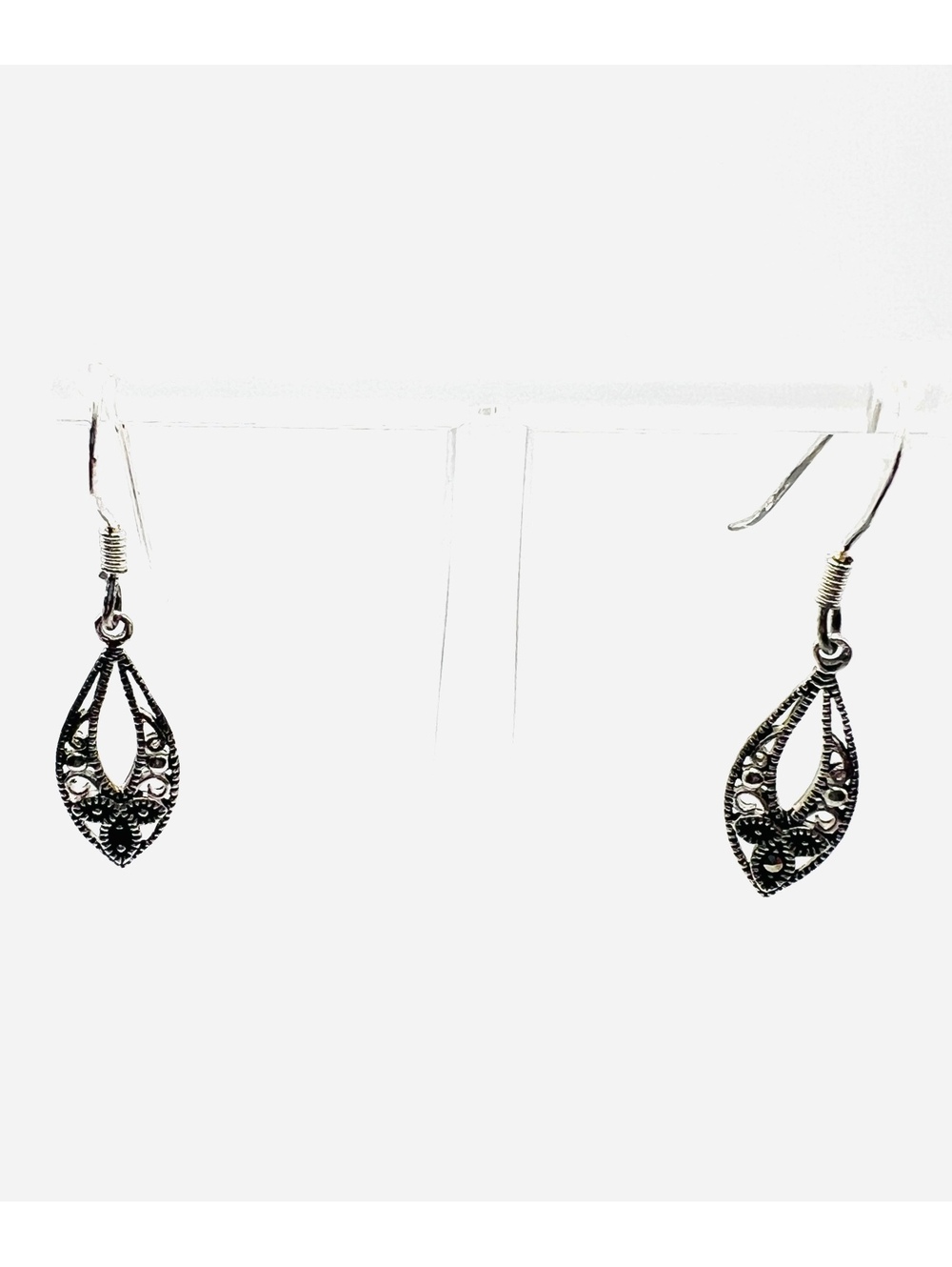 MO Thai 925 Sterling Silver Marcasite Teardrop Dangle Earrings Vintage